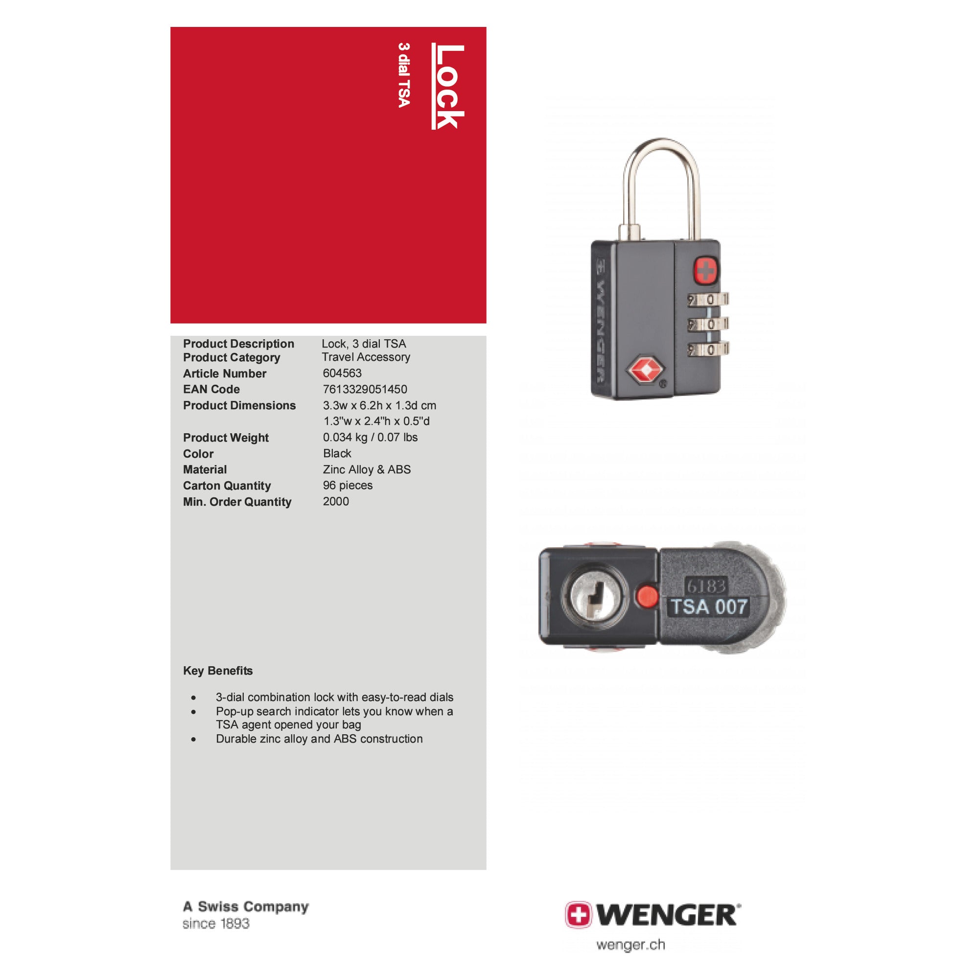 Wenger Travel Sentry Approved 3-Dial Combination Lock