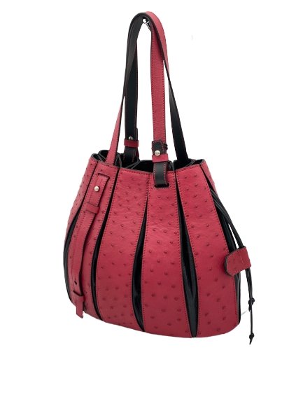 Fern Ostrich Leather Quill Handbag Red with Black Nappa - iBags.co.za