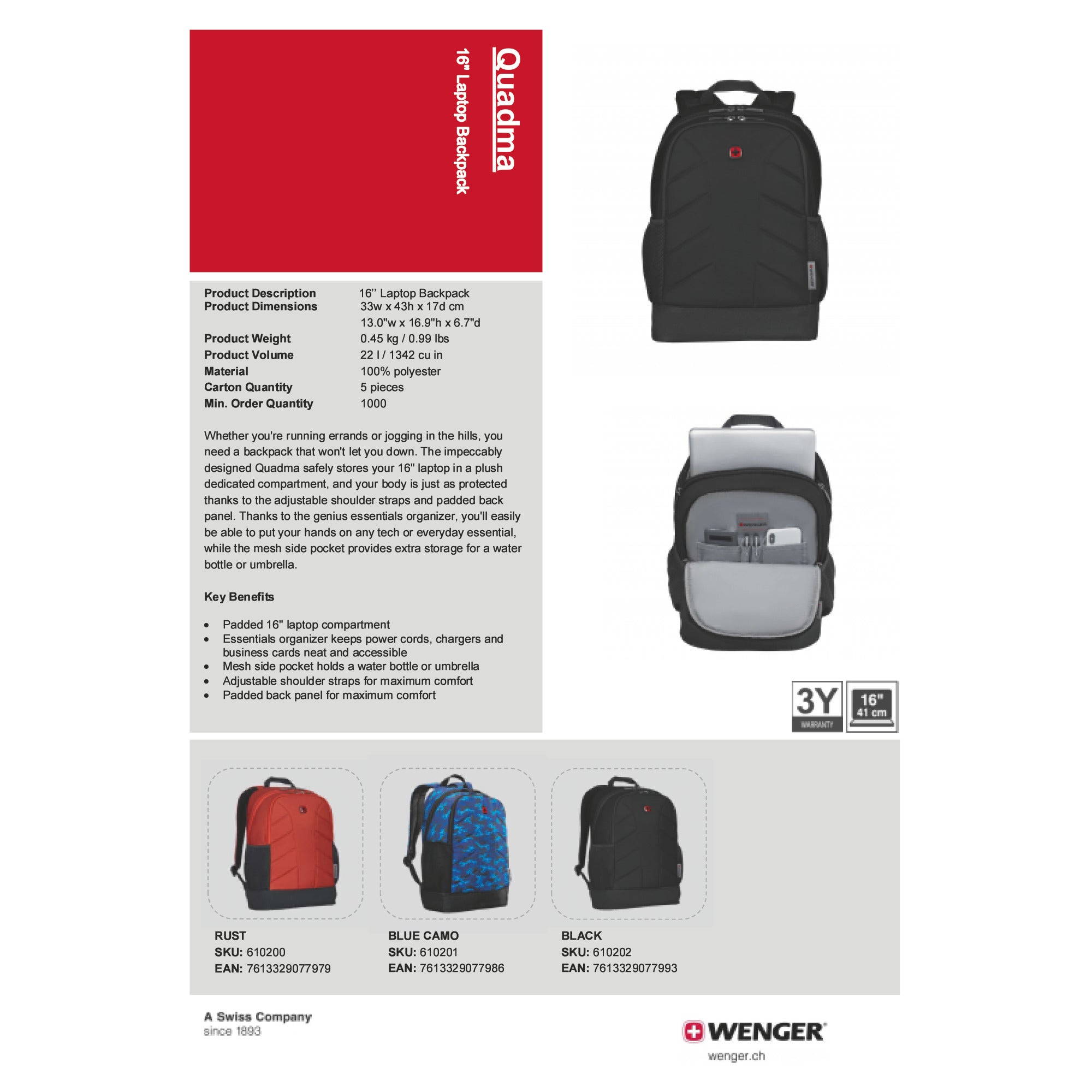 Wenger Quadma 16" Laptop Backpack | Black