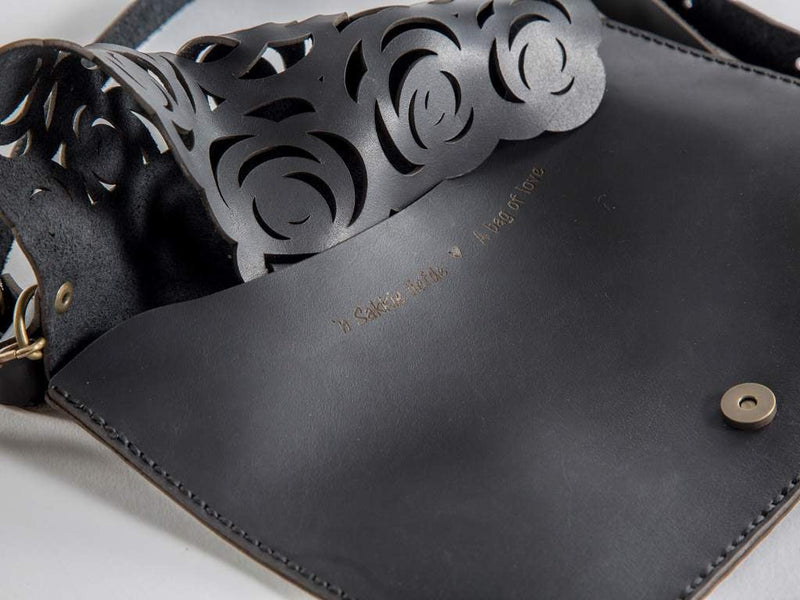 Yuppie Rose Design Black Genuine Leather Clutch Handbag | Engraved On The Inside “A Bag Of Love / ‘N Sakkie Liefde” - iBags - Luggage & Leather Bags